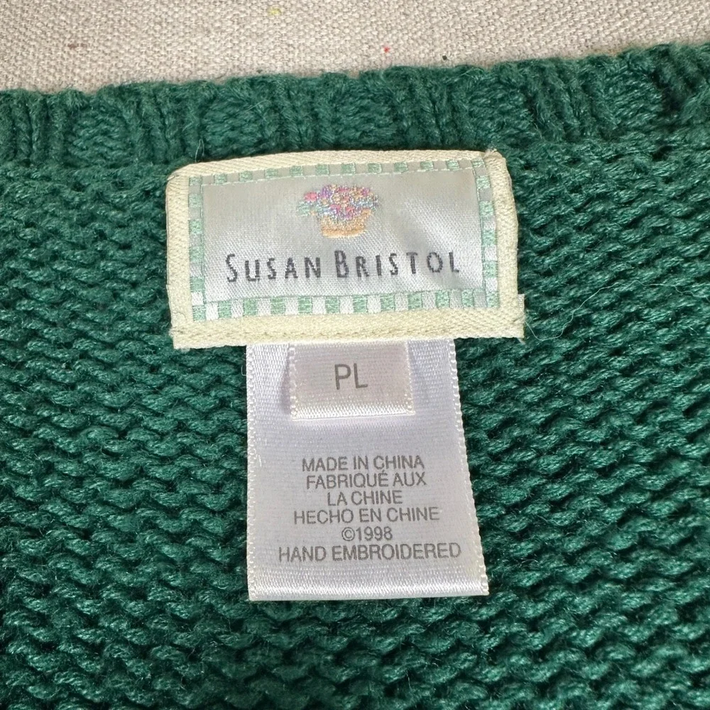 Susan Bristol Vintage 90s Christmas Cardigan Sweater Green Embroidered‎ Novelty